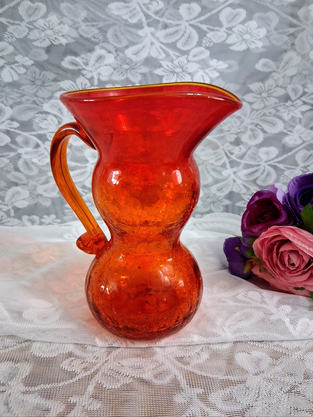 Vintage Rainbow Amberina Crackle Glass Pitcher Creamer Double Bulb Handle